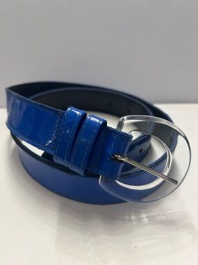 Vintage Accessories By Pearl Blue Vinyl Belt Acrylic Buckle Made In USA M